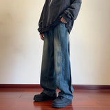 WIAOFELLAS  -  Destroyed Stitching Jeans Men's Blue Washed Jeans Gothic Style Street Trend Clothing Retro Loose Wide Leg Pants straight jeans