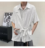 WIAOFELLAS  -  Short Sleeved Men's Shirts Casual Solid Color Hollow Out Jacquard Lace-up Loose Single Breasted Male Tops Trendy