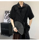 WIAOFELLAS  -  Short Sleeved Men's Shirts Casual Solid Color Hollow Out Jacquard Lace-up Loose Single Breasted Male Tops Trendy