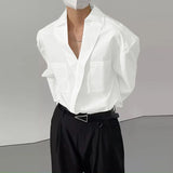 WIAOFELLAS  -  Men Shirt Solid Lapel Long Sleeve Loose Casual Men Clothing Korean Style Streetwear Pockets Fashion Tops Male Shirts
