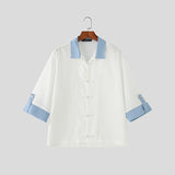 Wiaofellas  -  Men's Shirt Patchwork Lapel Half Sleeve Button Men Clothes Vintage Summer Streetwear Casual Tops Shirts For Man