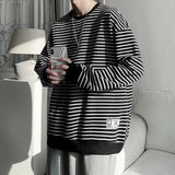 Wiaofellas  -  Long Sleeved T-shirt Men's Hong Kong Style Trend Ins Loose T-shirt Striped Sweatshirt Base Shirt Men's Top Coat