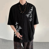 WIAOFELLAS  -  New Chinese Style Men's Shirts Stand Collar Bamboo Embroidery Contrast Color Single Breasted Short Sleeve Male Tops