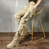 WIAOFELLAS  -  American Vintag High Street Summer Casual Pants Men Solid Elastic Waist Pocket Zipper Outdoor Fashion Bound Feet Cargo Trousers