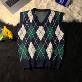 WIAOFELLAS  -  Spring Autumn Diamond Grid Candle Knitted Vest Men Women Loose Pullover Retro Outer Sleeveless Sweater Vest Aesthetic
