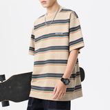 Wiaofellas  -  Summer new fashion men's retro striped short sleeve T-shirt Fashion loose bf style casual T-shirt