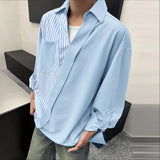 WIAOFELLAS  -  Men Shirt Striped Patchwork Lapel Long Sleeve Men Clothing Streetwear Korean Style Fashion Oversize Shirts Casual Tops
