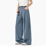 WIAOFELLAS  -  simple men's casual trousers pleated design new solid color wide leg bottom loose straight thin male pants summer