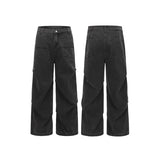 Wiaofellas  -  American Retro Baggy Denim Pants for Unisex Ruched Folded Wide Leg Jeans Multi Pocket Cargo Style Loose Casual Trousers