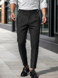 Wiaofellas  -  Men's Retro Black Business Casual Striped High-Waisted Straight-Fit Trousers with Drape Effect