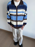 Wiaofellas  -  Contrast Color Striped Dual Zippers Cardigan Japanese Hollow Out Men and Women Jackets Y2k Aesthetic Streetwear Women Tops
