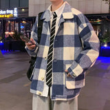 WIAOFELLAS  -  Men Plaid Wool Blends Baggy Single Breasted Youthful High Street Lazy Woolen Coat Male Autumn Winter Oversized Outwear Fashion