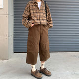 WIAOFELLAS  -  Summer Cotton Casual Pants Men Retro Cargo Pants Men Japanese Streetwear Hip-hop Loose Wide Leg Pants Men Cropped Trousers