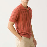 WIAOFELLAS  -  Fashion Jacquard Knitted Polo Shirt Men Short Sleeved V-neck Tops Stripe Knit Tshirts British Style Ice Silk Casual Knitwear