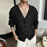 WIAOFELLAS  -  Men Cardigan Solid Knitted V Neck Long Sleeve Men Sweaters Streetwear Loose Korean Style Fashion Casual Men Clothing