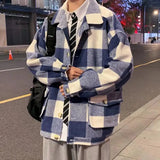 WIAOFELLAS  -  Men Plaid Wool Blends Baggy Single Breasted Youthful High Street Lazy Woolen Coat Male Autumn Winter Oversized Outwear Fashion