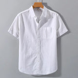 Wiaofellas  -  Men's High-Quality Linen Shirts Summer Solid Color Short Sleeve Casual Shirt Single Breasted Basic Pocket Top For Men