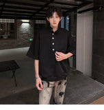 WIAOFELLAS  -  Fashion Men's Solid Color Button American Style T-shirt Trendy Stand Colar Short Sleeves Casual Top Male 2025 Summer
