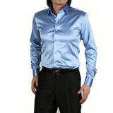 WIAOFELLAS  -  Mens Solid Silk Casual Shirts Long Sleeve Rayon Wedding Dress Shirts Men Soft Comfortable Fashion Shine Silk Shirt Camisa TS-143