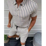 Wiaofellas  -  New Men's Stripe Two Piece Lapel Long Sleeve Shirt And Shorts Suit  Summer Casual Loose Sportswear Mens Fashion Jogging Set