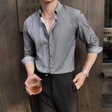 WIAOFELLAS  -  Men's Striped Dress Shirt Spring Summer Long Sleeved Business Social Men Shirts British Style Slim Fit Chemises Hommes Plus Size