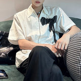 WIAOFELLAS  -  New Summer Men's Shirts Zipper Turn-down Collar Mesh Rose Design Short Sleeved Loose Male Clothing Niche Tops Tide