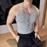 WIAOFELLAS  -  Summer Button Sleeveless T-shirts for Men Fitness Gym Slim Fit Mens Tank Tops Sweatshirt Jogging Tracksuit Elastic Tee Tops Man