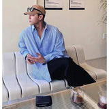 Wiaofellas  -  Men's Blue Vertical Striped Long-Sleeved Shirt, Korean Style High Quality Casual  Shirt Coat， Travel ，Hiking