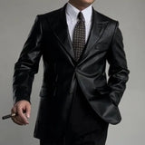 Wiaofellas - Single-breasted Lapel Leather Jacket Leather Blazer Jacket Men Black Leather Coat Casual Korean Chaquetas Hombre Motorrad Blazer