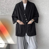 WIAOFELLAS  -  Niche Design Men's Shirts V-neck Solid Color Button Desig Ice Silk Big Pocket Casual Male Tops Summer Menswear