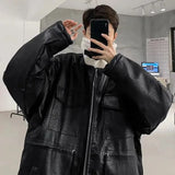 WIAOFELLAS  -  Black Leather Jacket Men Winter Vintage Stand Collar Lamb Wool Cotton Coat Male Korean Loose Zipper Pocket Thick Outerwear