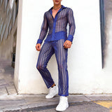 Wiaofellas  -  Men's Sets Mesh Patchwork Striped See Through Long Sleeve Shirt Pants Two Piece Sets Sexy Fashion Men Matching Sets