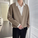Wiaofellas  -  Mens Polo Collar Sweatshirt Fake Two Piece Casual Slim Fit Pullover Top