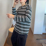 WIAOFELLAS  -  Men Striped T Shirt V Neck Long Sleeve Korean Style Male Tee Tops Streetwear Loose Fashion Casual Men Clothing S-5XL