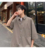 WIAOFELLAS  -  Trendy Men's Plaid Spliced Pocket Short Sleeve Loose Shirts Fashion Summer Lapel Single-breasted Blouses Male