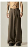 Wiaofellas  -  American Retro Brown Casual Drapey Wide Leg Pants Loose Fit Design Sense Straight Cut Long Trousers Polyester Fabric
