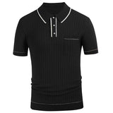 Wiaofellas  -  Men's Spring Summer Knitted Polo Shirts British Retro Casual Apricot Stripe Patchwork Jacquard Business Short Sleeve Tees Shirts