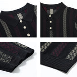 Wiaofellas  -  Stylish Slim Short Sleeve Knit Polo Shirt Men Summer Casual Breathable Hollow Out Polo Shirts Vintage Striped Crochet Polo Tops