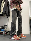 WIAOFELLAS  -  New American Retro Zipper Jeans Men's Washed Straight Leg Micro Flared Pants High Street Vibe Trendy Brand