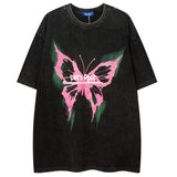WIAOFELLAS  -  Men Hip Hop Streetwear Retro T Shirt Washed Old Butterfly Print Tshirt Cotton T-Shirt Short Sleeve Racing Style Tops Tees New