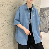 Wiaofellas  -  Summer Lightweight Men's Denim Shirt Short Sleeve Casual Loose Vintage Coat