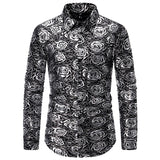 Wiaofellas  -  Men Long Sleeve Shirts Floral Bronzing Turndown Collar Mens Dress Shirt Stage Male Luxury Clothes Chemise Hemd Homme Shirts S62