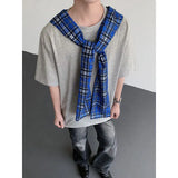 WIAOFELLAS  -  Fashion Men's Plaid Hooded Bandage design O-neck T-shirts Trendy Summer Casual Loose Short Sleeves Tops Male