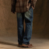 WIAOFELLAS  -  Men's Jeans High Street Trendy Denim Pants American Retro Washed Worn Straight Tube Versatile Micro Flared Casual Trousers