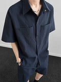 Wiaofellas  -  Navy Blue Seersucker Men's T-shirt Short Sleeve Shirt Summer Thin Casual Outfit Streetwear Vintage Retro Cleanfit Daily Wear