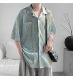 WIAOFELLAS  -  Korean Style Men's Shirts Lapel Hollow Out Knitting Single Breasted Tops Short Sleeved Pocket Loose Male Tops Trend