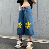 WIAOFELLAS  -  Trendy Flower Embroidered Denim Shorts Men in Summer American High Street Couple Pants Loose Wide Leg Casual Cropped Pants Chic