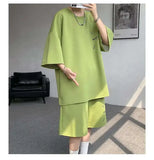 WIAOFELLAS  -  Fashion Men's Suit Solid Color Letter Print O-neck T-shirt Trendy Drawstring High-waisted Shorts Set Male Summer