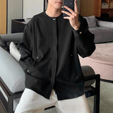 WIAOFELLAS  -  Men Shirt Solid Color O-neck Long Sleeve Casual Men Clothing Streetwear Loose Korean Style Shirt Fashion Male Tops S-5XL