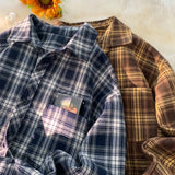 WIAOFELLAS -  Retro Plaid Long Sleeve Shirt Men Spring Fall Loose Shirt Turn-down Collar Blouse Hip Hop Streetwear Male Shirts